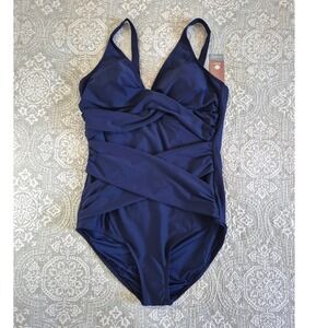 Smismivo Navy Blue Ruched Tummy Control One Piece Swimsuit XL NWT